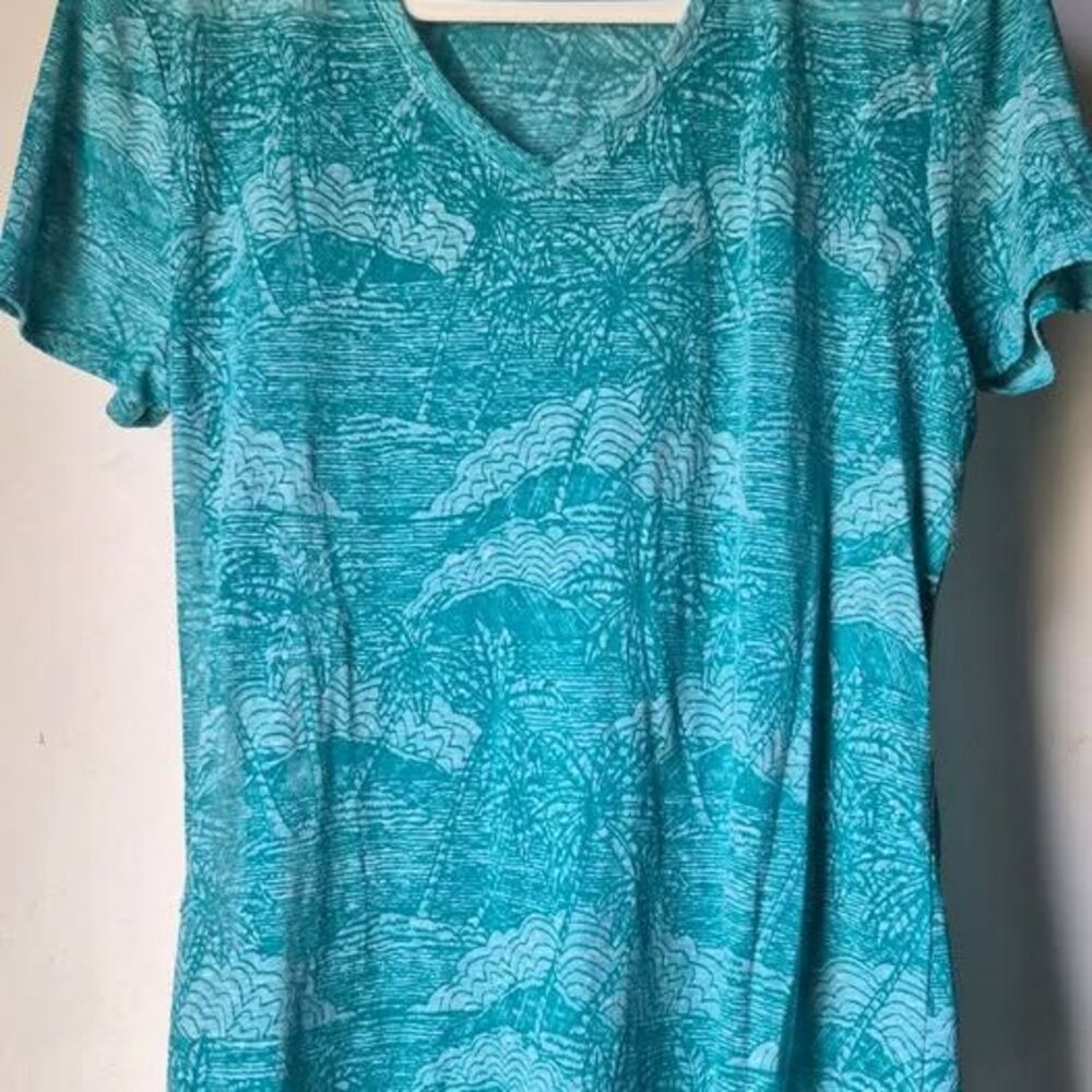 Women’s L Tropical Patterned Teal V-Neck Top - Ultralight